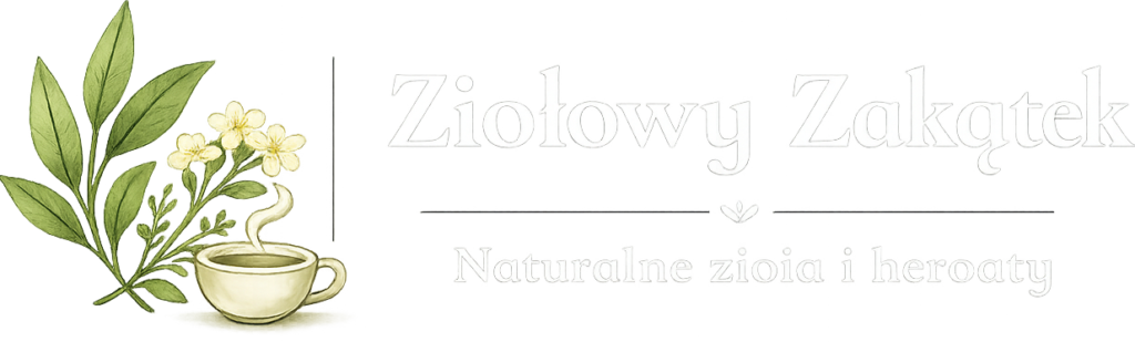 Naturalne zioła oraz filiżanka zielonej herbaty - Logo firmy Ziołowy Zakątek.